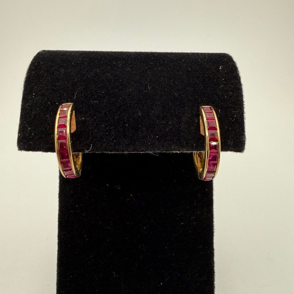 Stunning channel set, princess cut RUBY huggie hoop earrings,14kt yellow gold